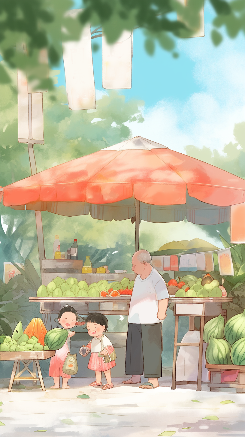 水果摊前老人与孩童手绘插画