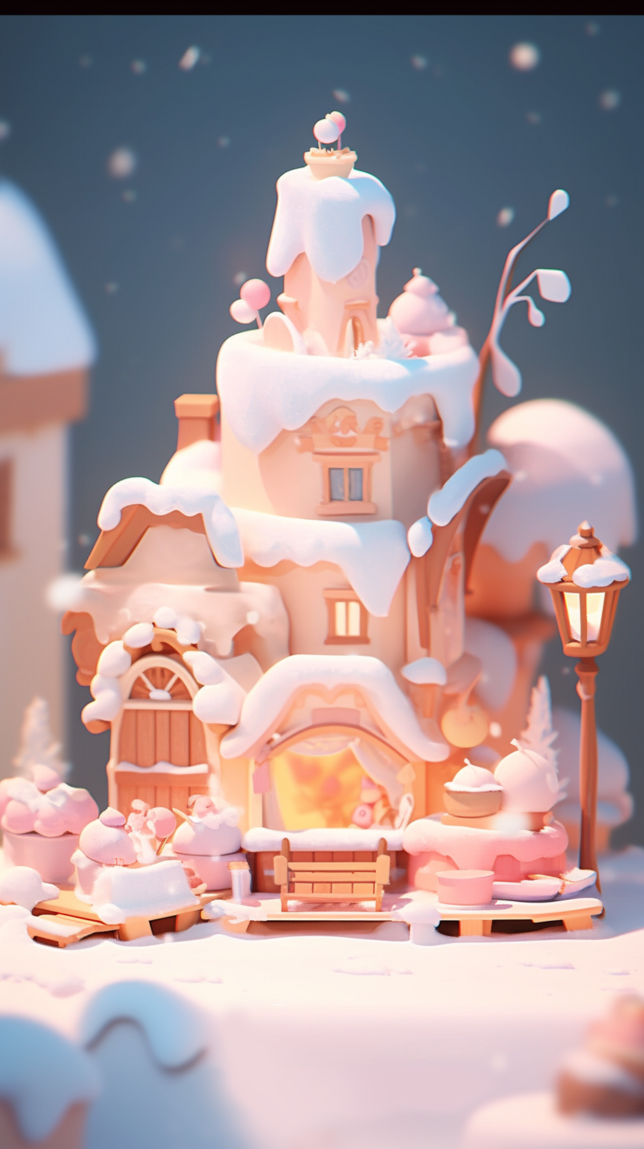 可爱3D风格的雪中小屋
