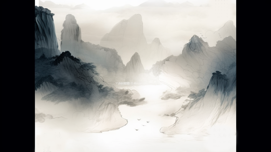 水墨风格山脉河流图
