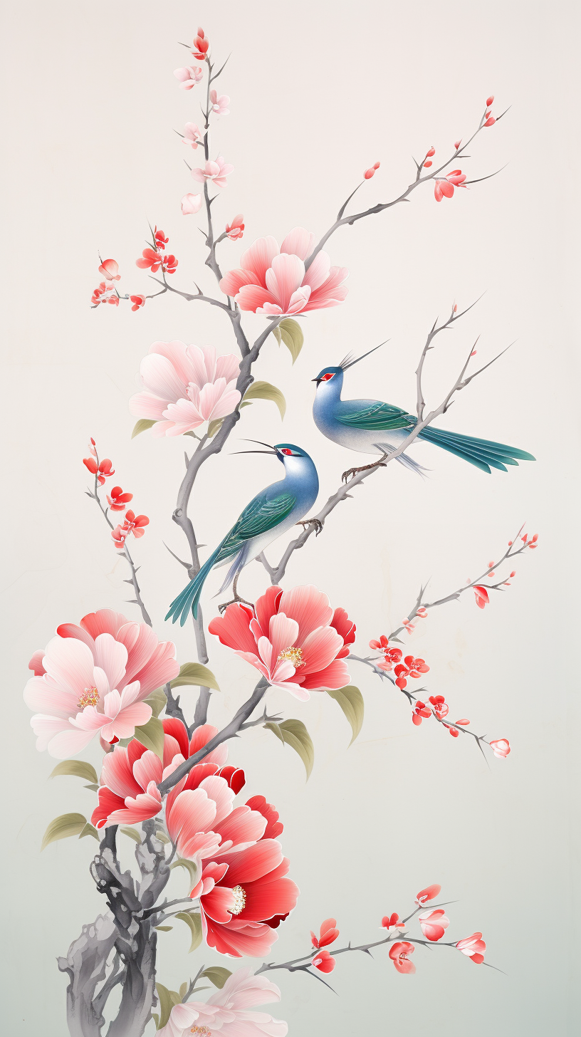 两只鸟立于花枝间中国风绘画