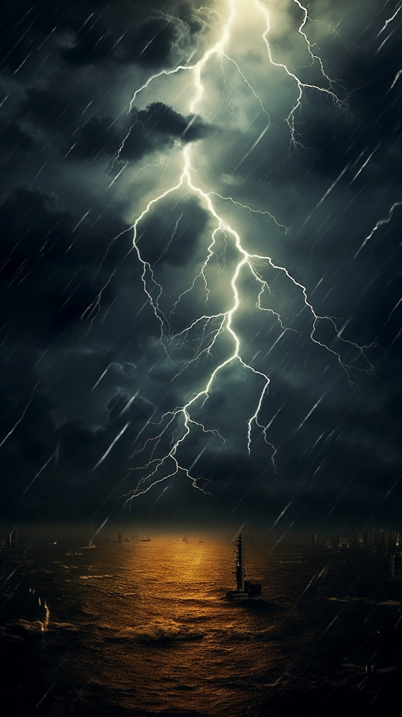 暴雨中的海洋闪电划破天际