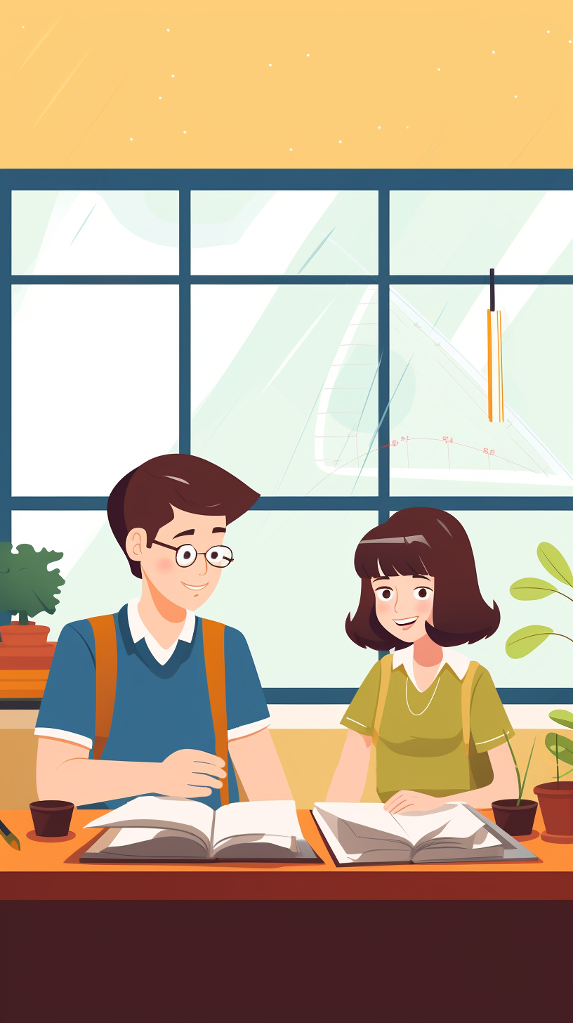 学生同桌一起学习的校园教学场景插画