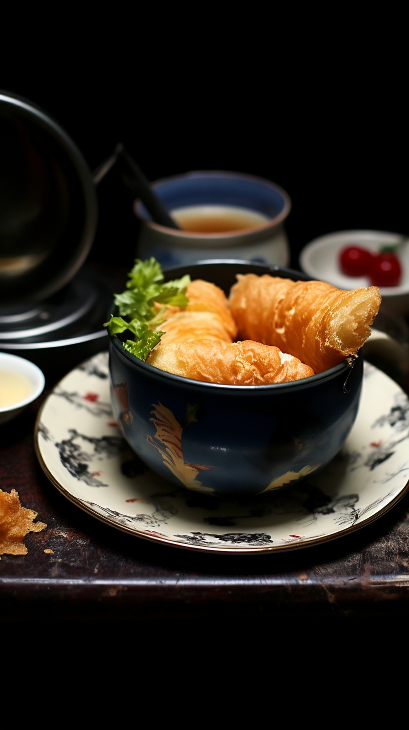 中式青花瓷碗装美味油条传统美食