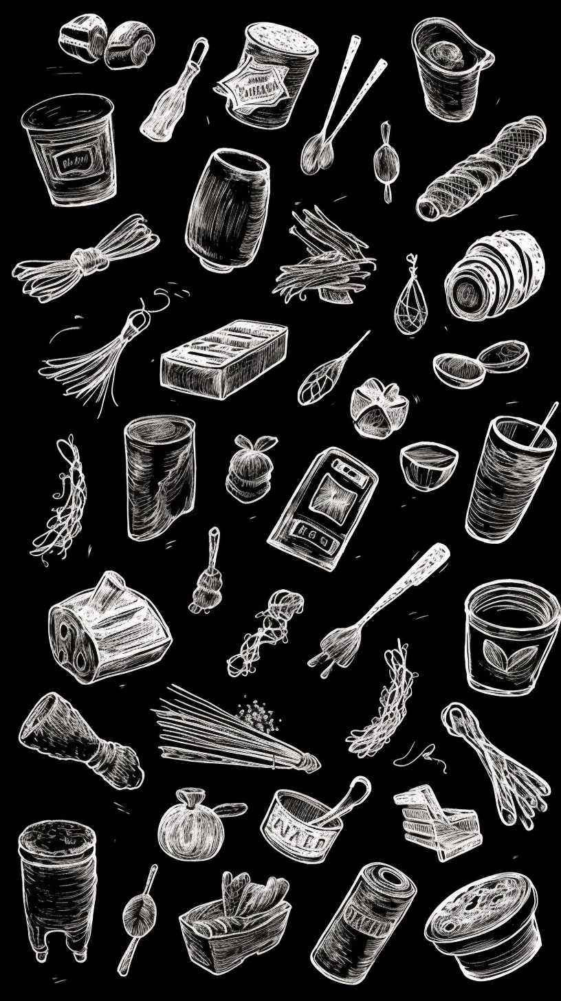 手绘餐具厨具黑白插画素材