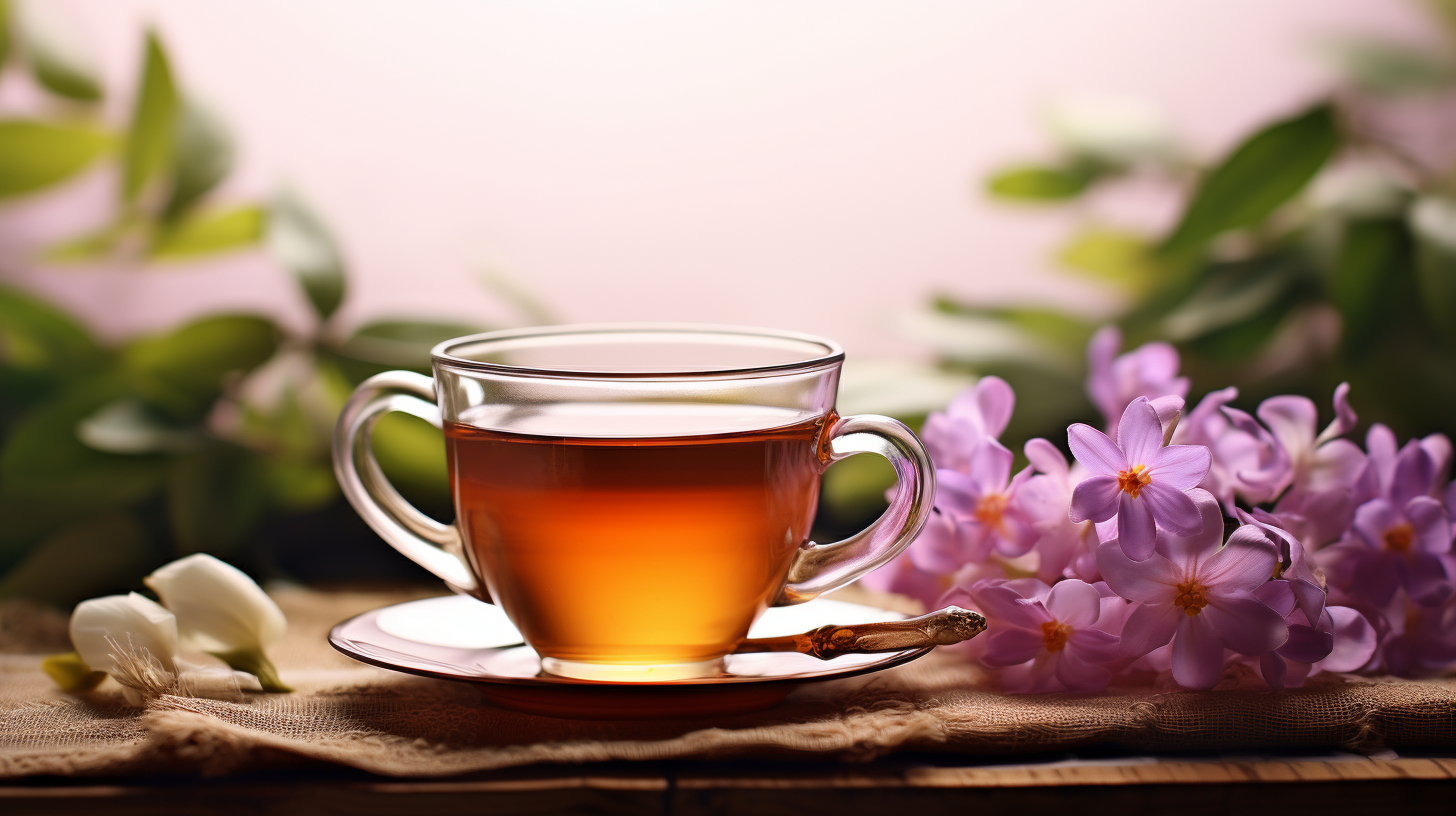 玻璃杯中暖茶相伴紫色鲜花添浪漫氛围