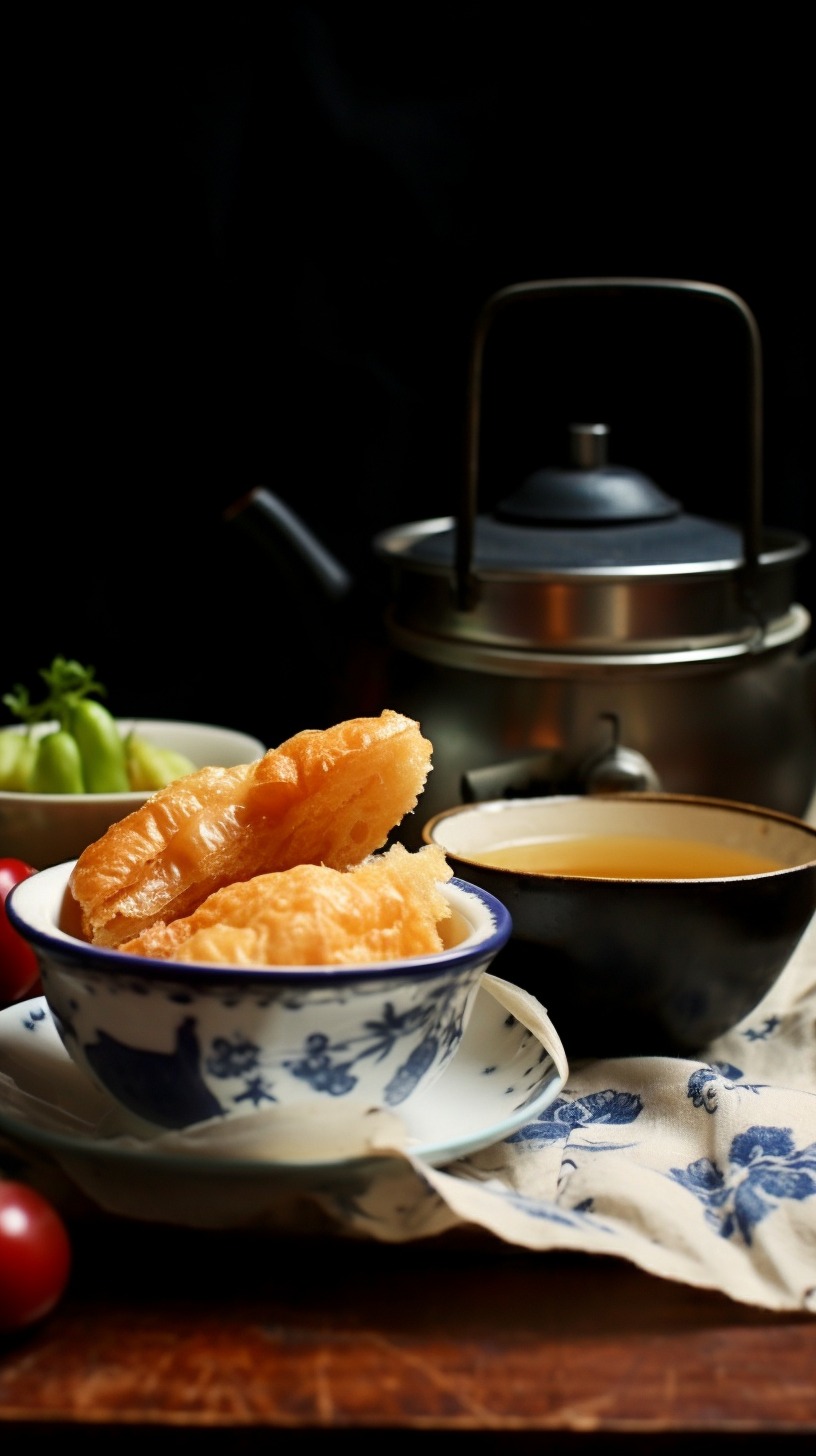 中式青花瓷碗装油条搭配茶壶别有风味