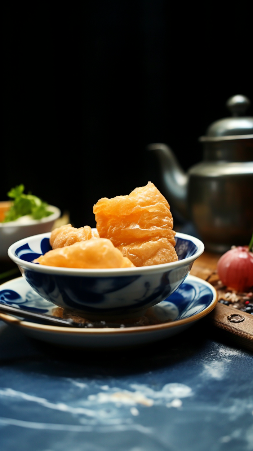蓝白瓷碗装美味油条中式风情