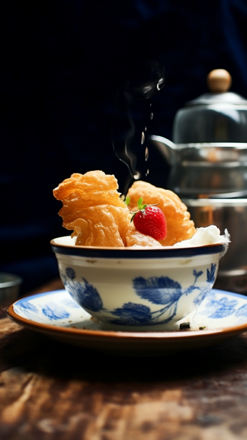 蓝白瓷碗装美味炸物传统中式糕点风情