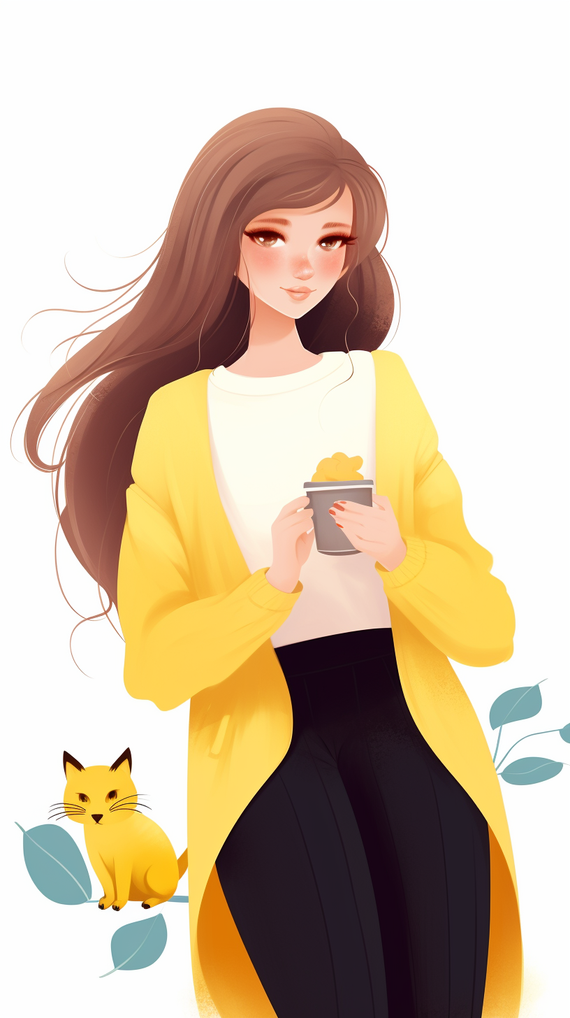 穿着黄色外套的女子手持杯子的时尚插画