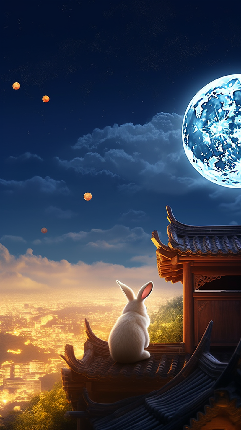 白兔坐古建筑赏明月唯美中秋节手机壁纸