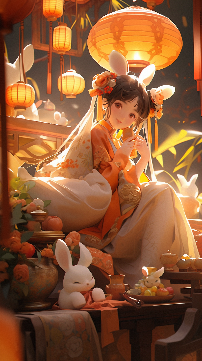 古装女子中秋赏灯氛围感电脑壁纸