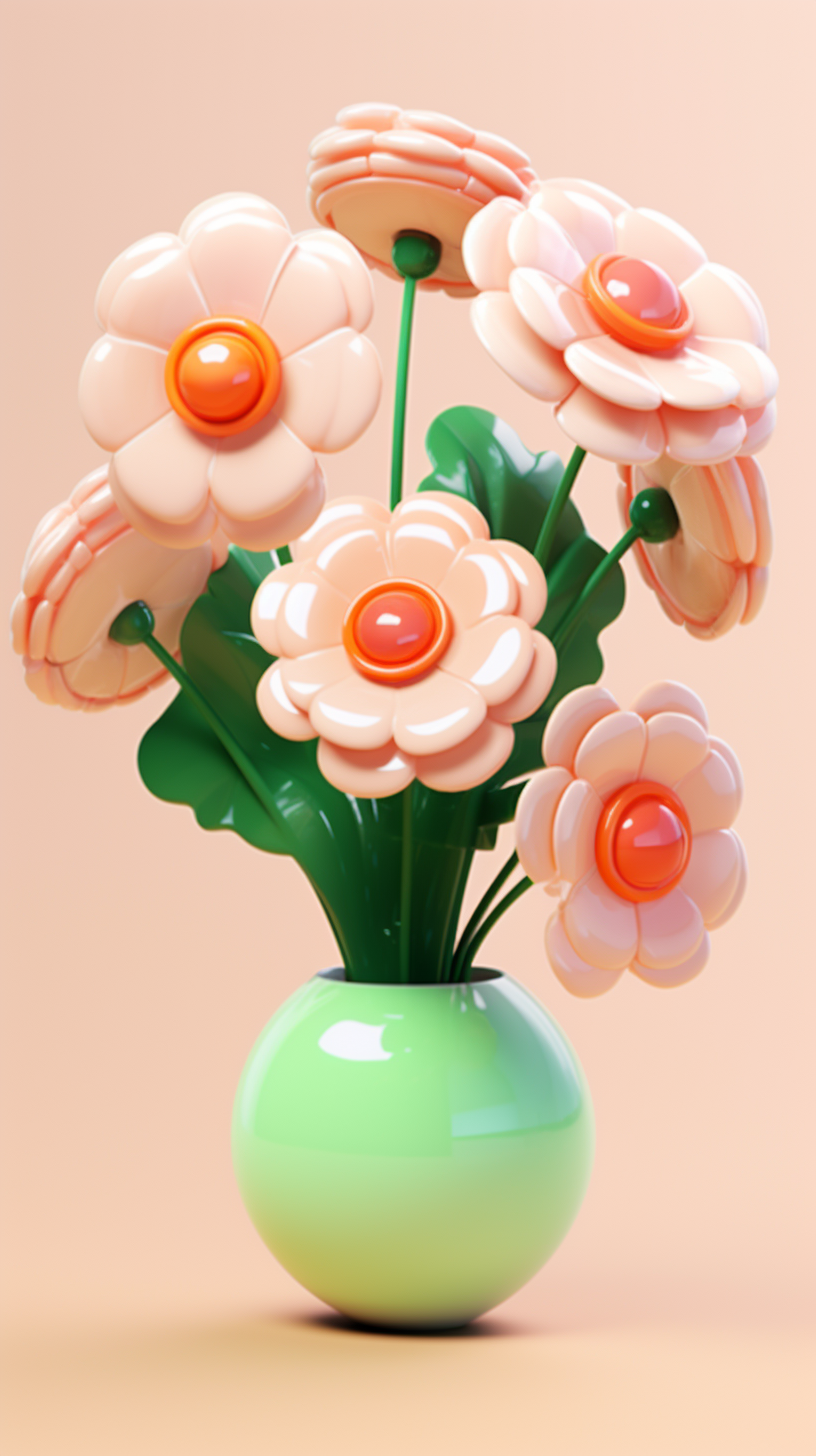 可爱3D风绿色花瓶插满花朵的电脑壁纸