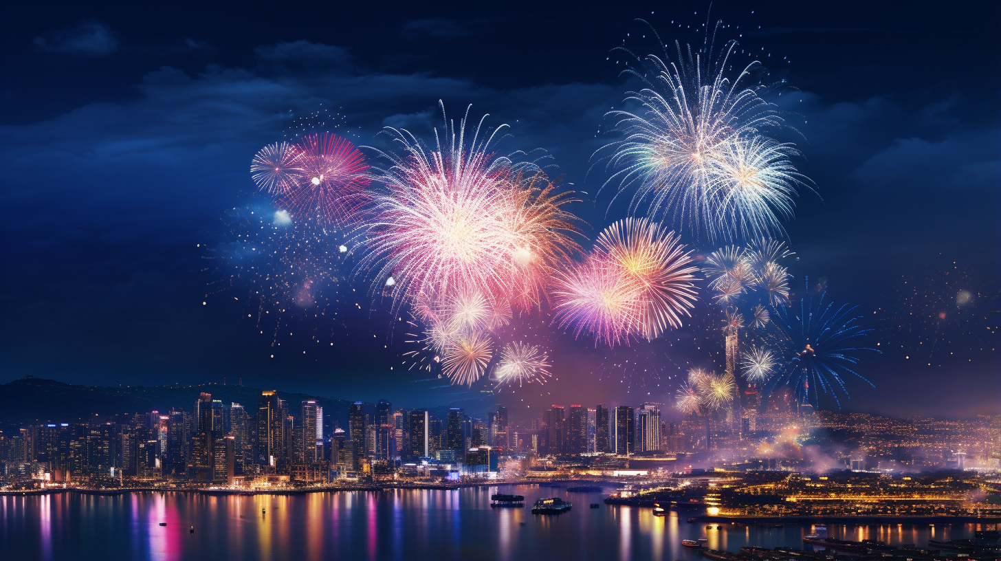 绚烂烟花照亮城市夜景 节日庆典氛围