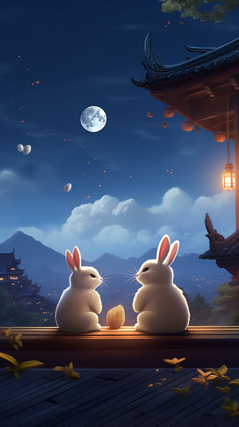 两只玉兔赏明月的唯美中秋节手机壁纸