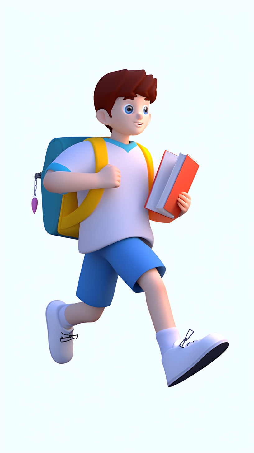 背着书包手持书本的活泼男孩3D形象