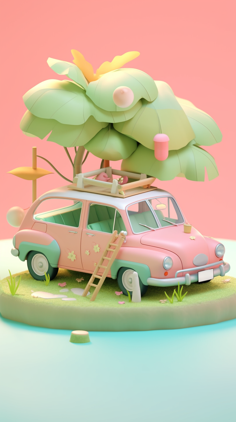 粉色汽车与绿植组合的可爱3D创意设计