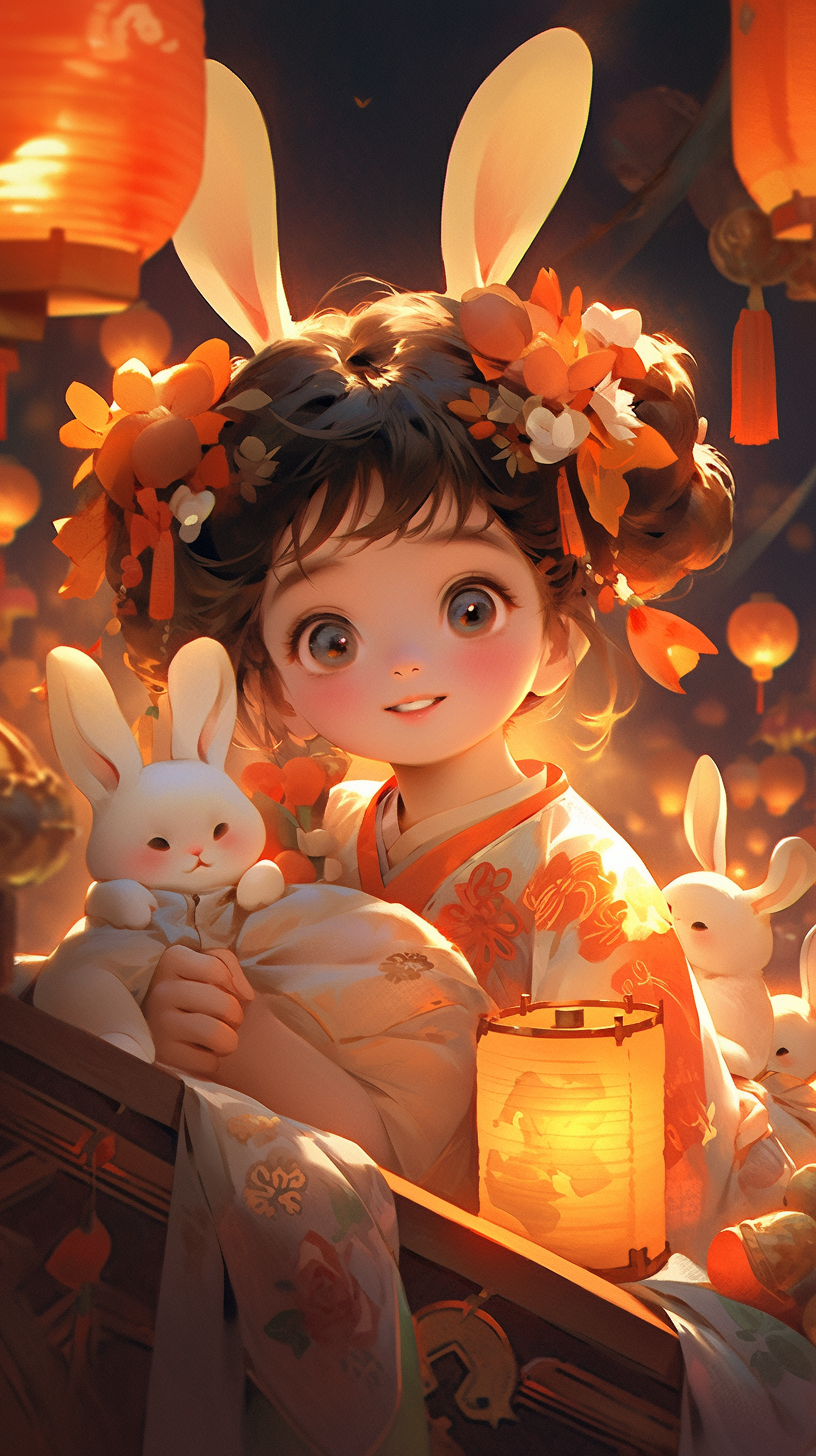 可爱少女抱白兔提灯笼中秋节日电脑壁纸