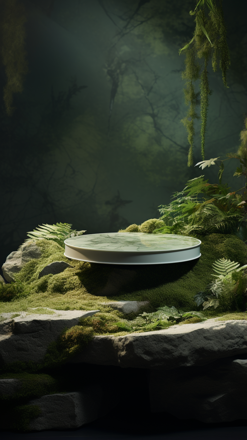 森林绿植环绕的圆形石台3D自然风展示台