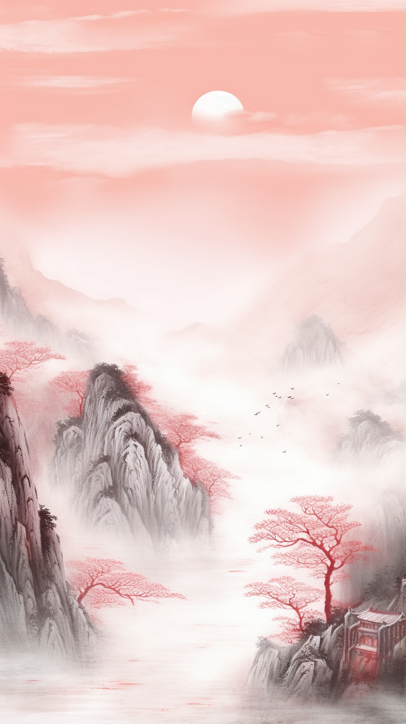 水墨风粉色系山川风景画电脑壁纸