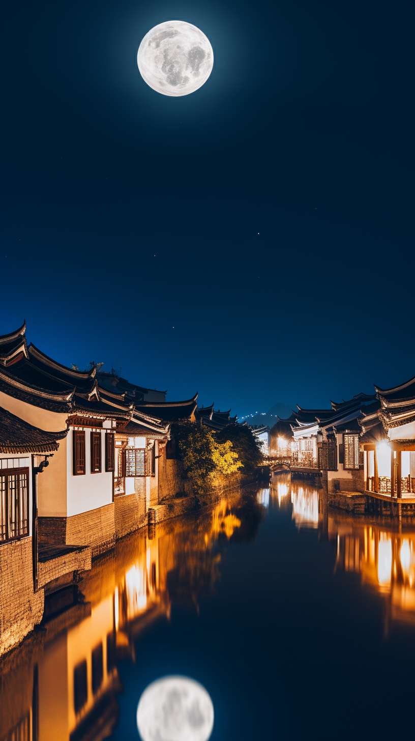 古建筑月夜映水中意境中国风
