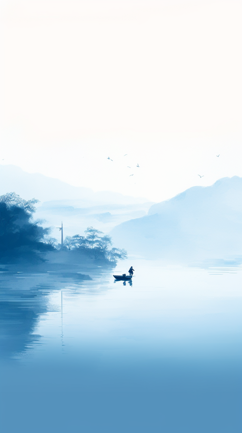 宁静湖泊上的孤舟唯美水墨风壁纸