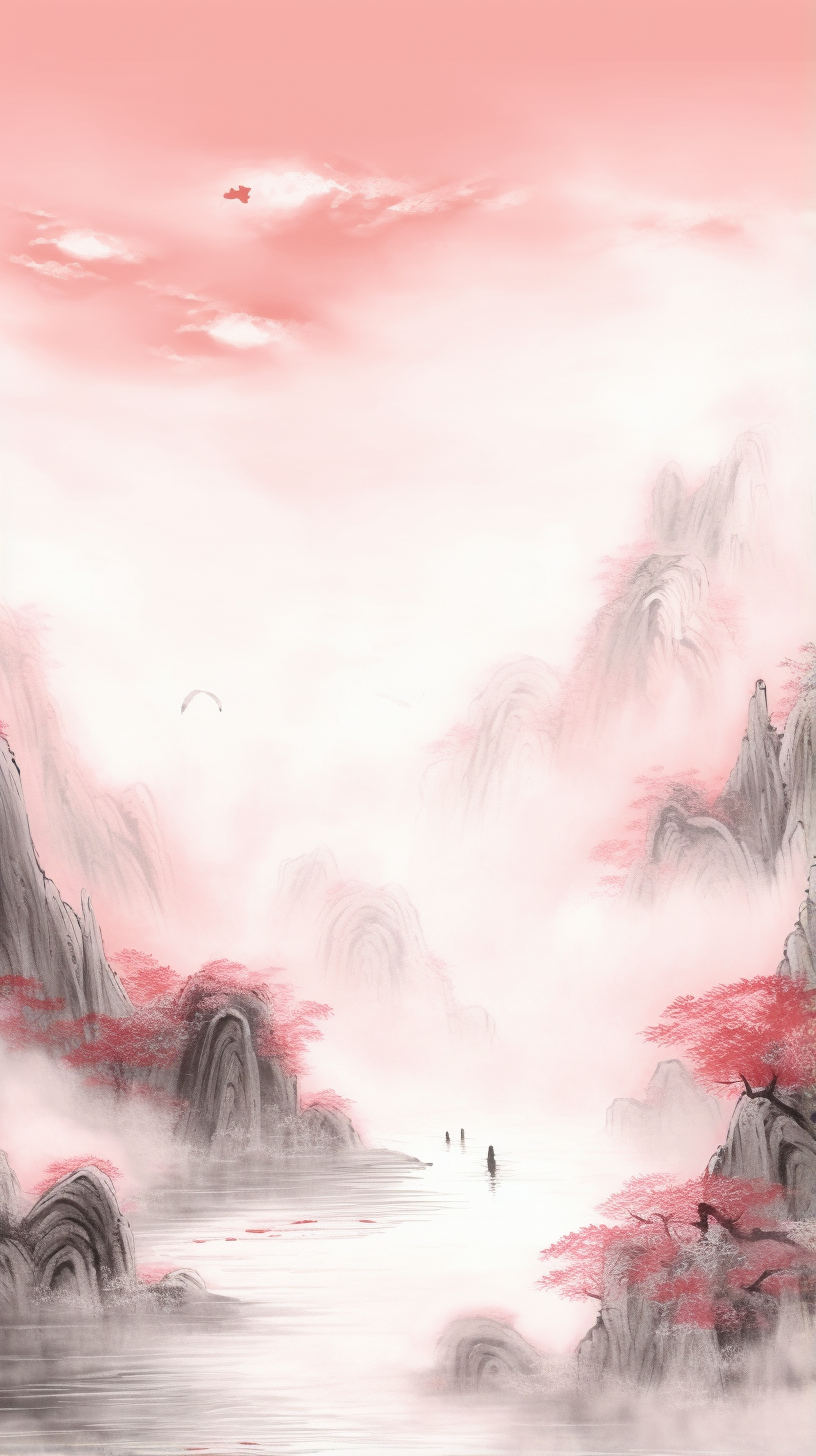 粉色系水墨风山水图诗意中国风
