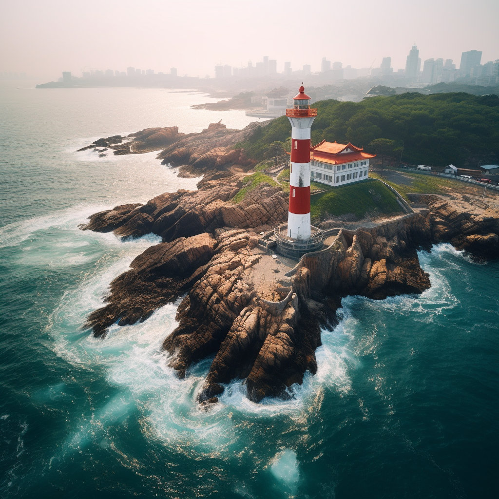 海洋中的红白灯塔 独特地标风景美如画