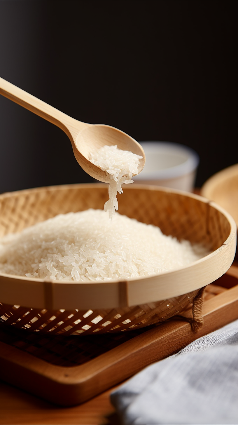 木勺舀出的优质大米食材本真之味