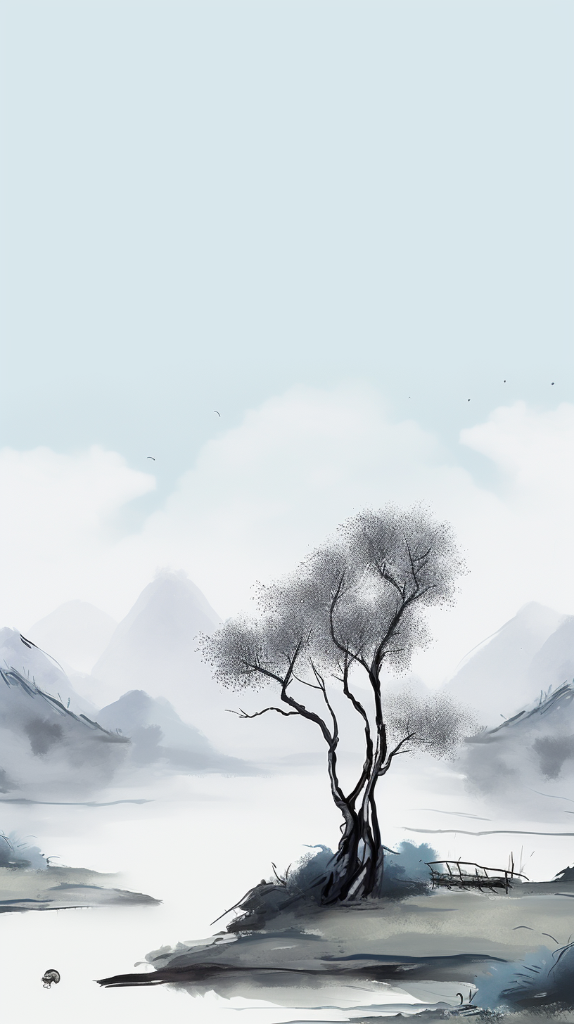 水墨风格的孤树山川图手机电脑壁纸