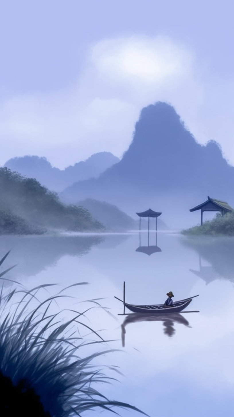 静谧湖泊小船山水图电脑壁纸素材