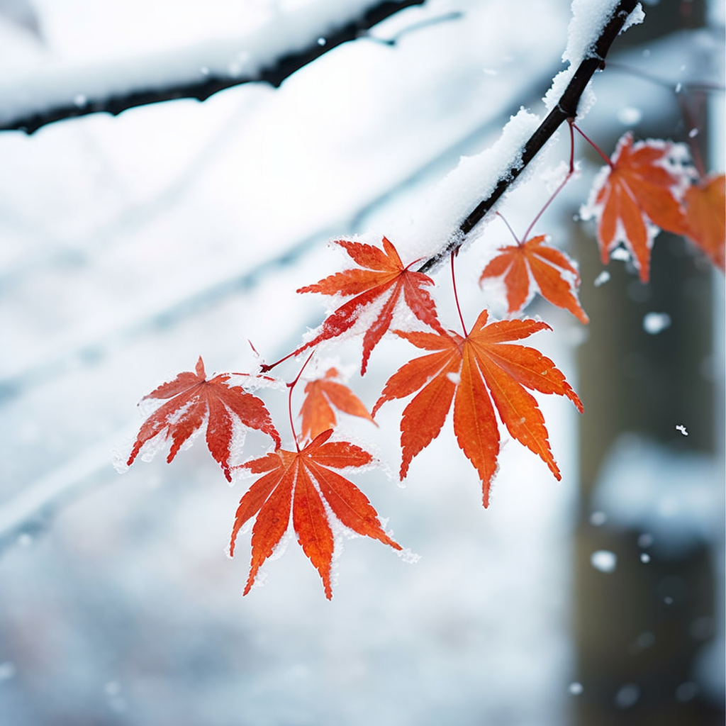 霜雪覆盖红枫叶唯美冬日景象手机壁纸