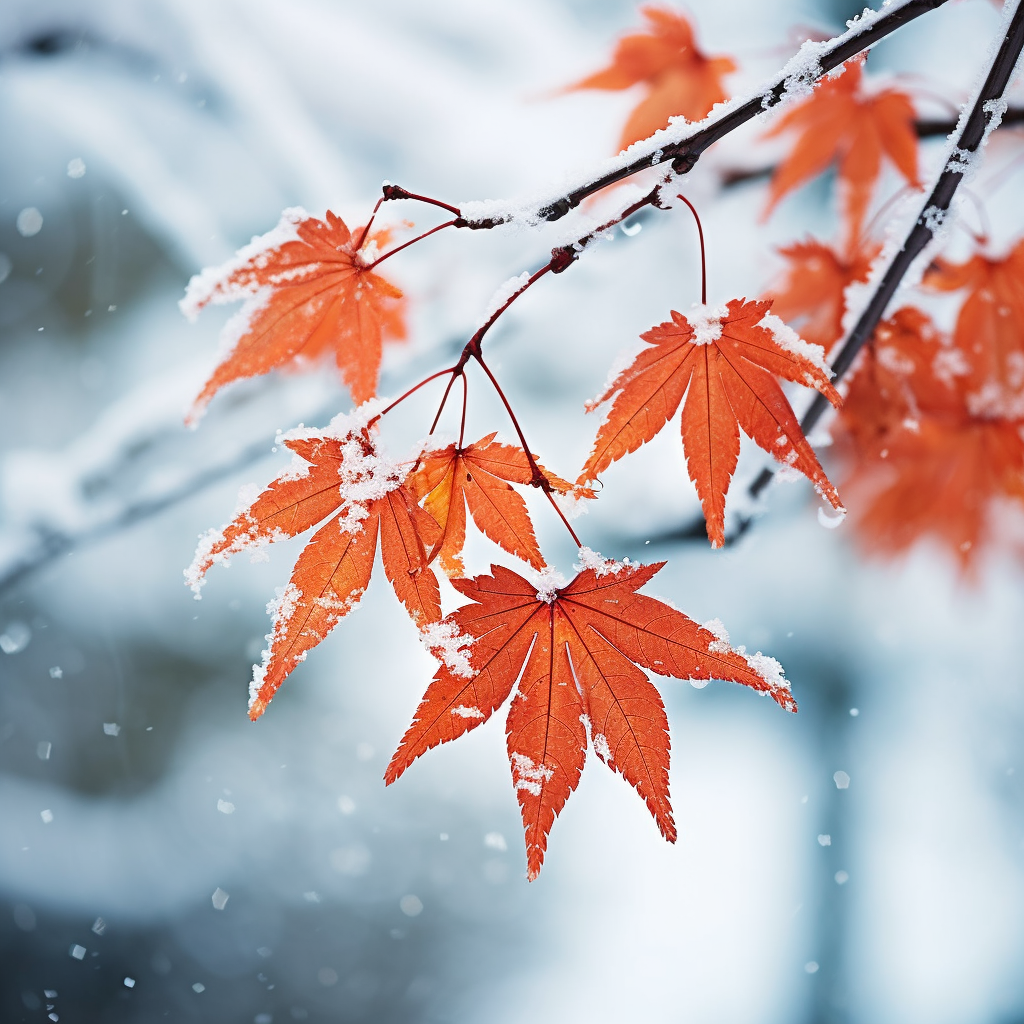 雪中橙红叶枝美如画手机壁纸素材