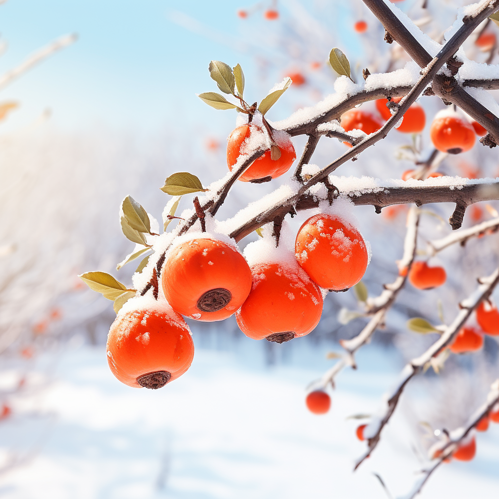 雪中鲜艳红果 冬季水果独特魅力