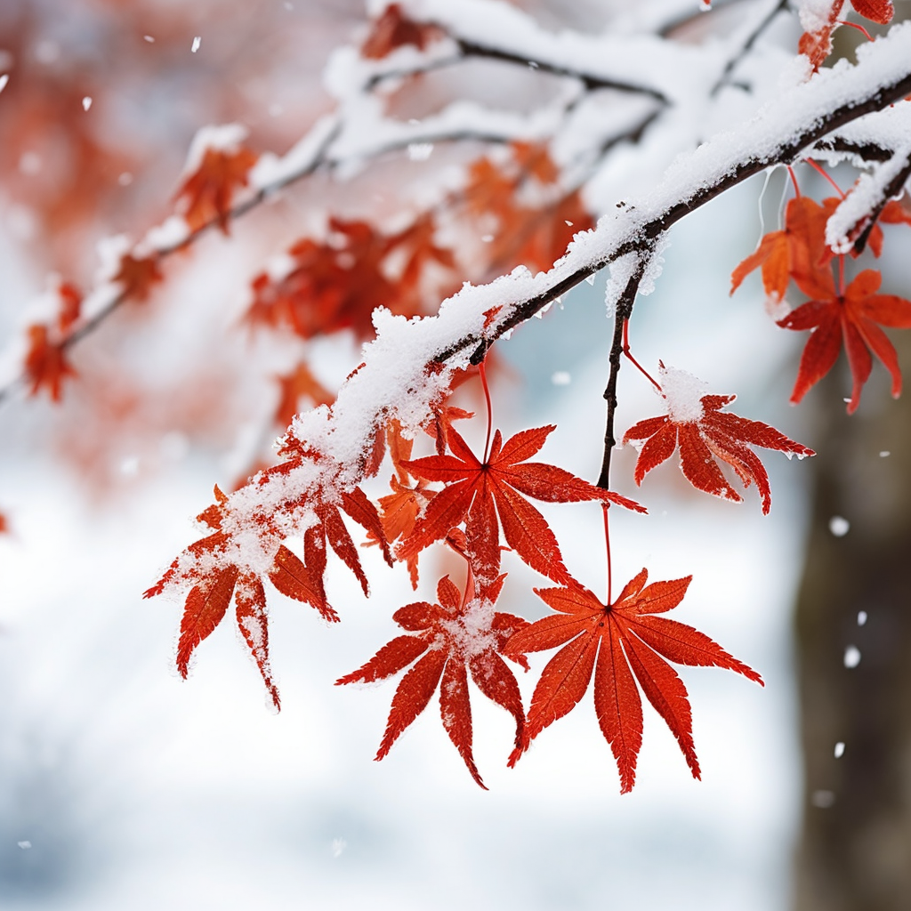 雪覆红枫叶 冬日美景自然魅力