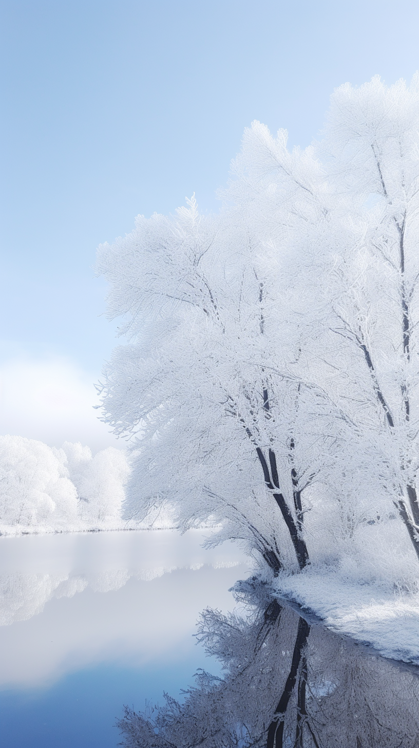 冰雪覆盖的树木与湖泊唯美冬日壁纸