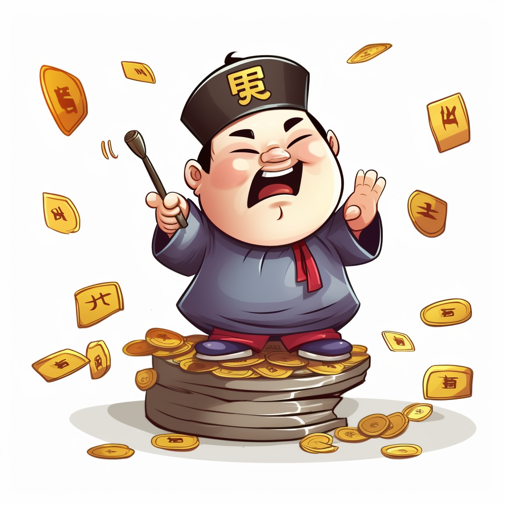 古装人物站在钱币上 趣味漫画卡通风格图