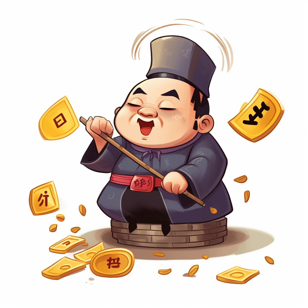 古装人物手持棍棒周围散落货币的漫画