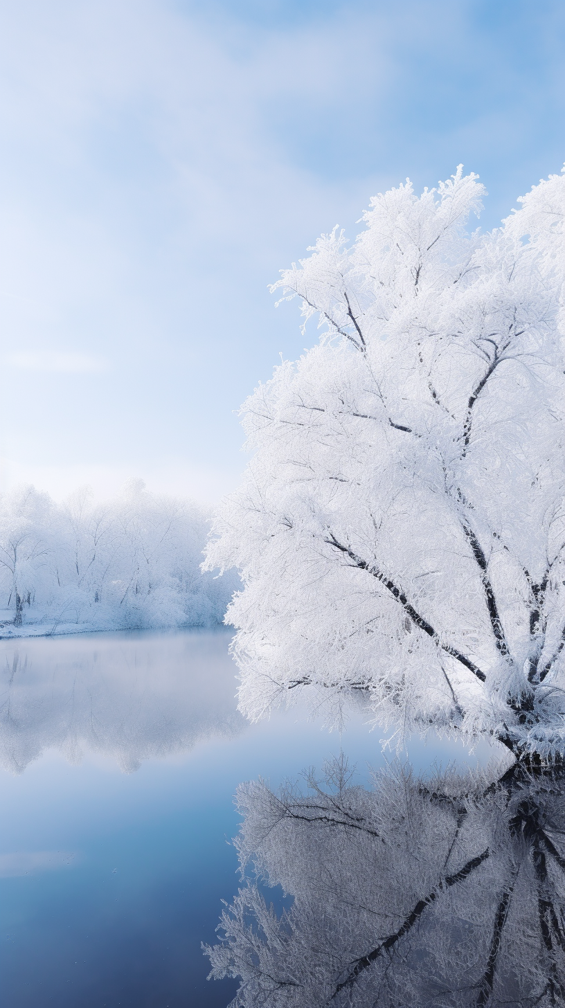 冰雪覆盖树木的唯美湖泊景色电脑壁纸