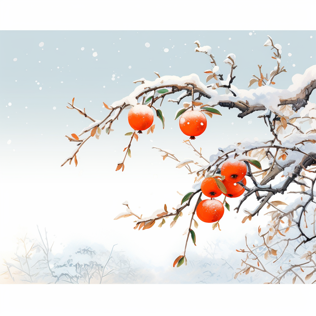 雪天树枝上的红石榴手绘风格壁纸