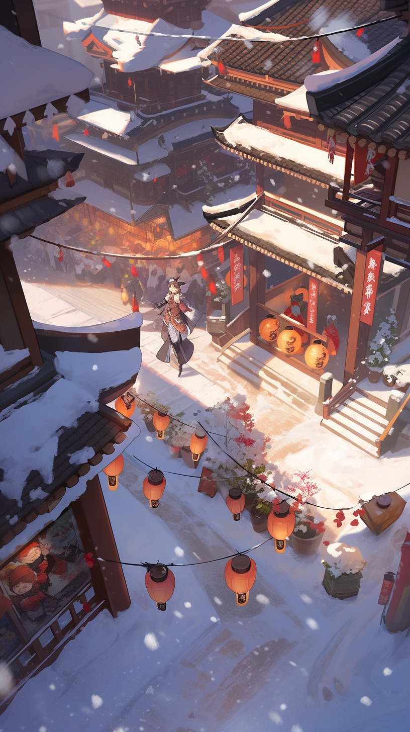 古风雪景图中式古建筑灯笼装饰素材