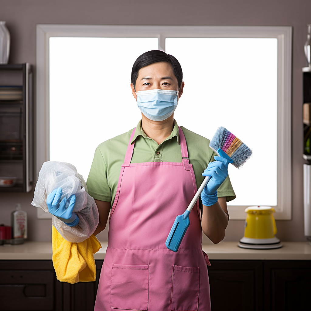 戴口罩穿围裙的服务人士手持清洁工具