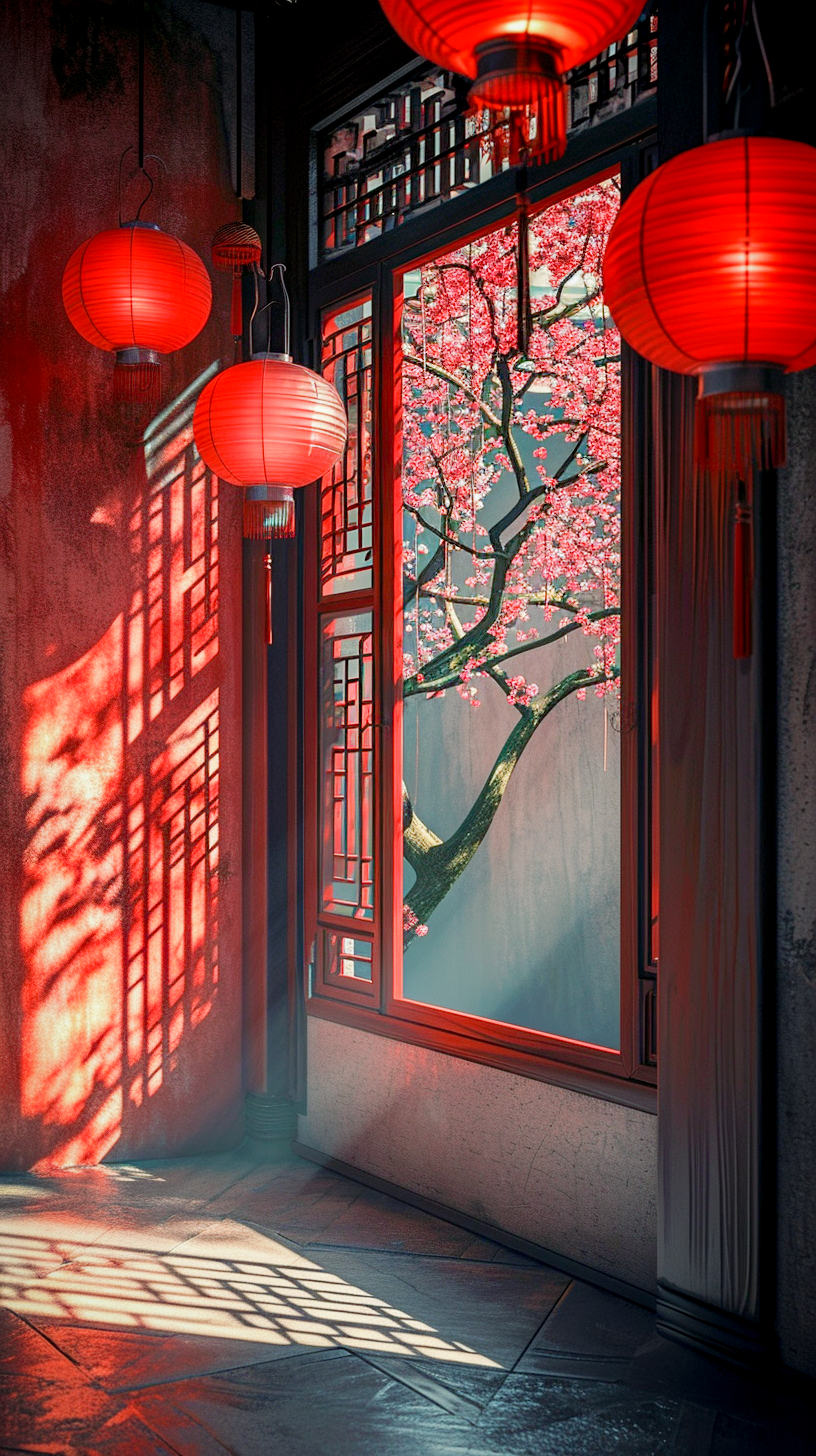 古色古香红灯笼中式窗景中国风韵味