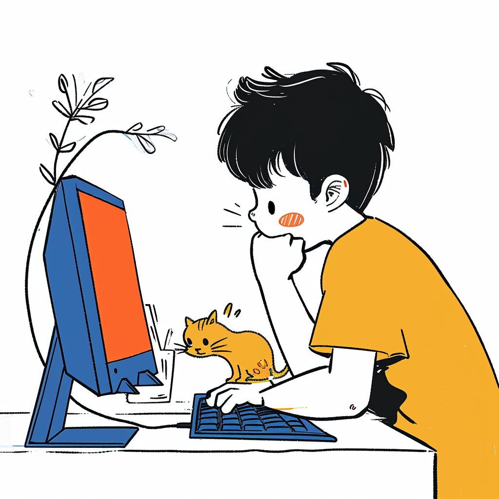 可爱男孩与小猫电脑前互动的温馨画面