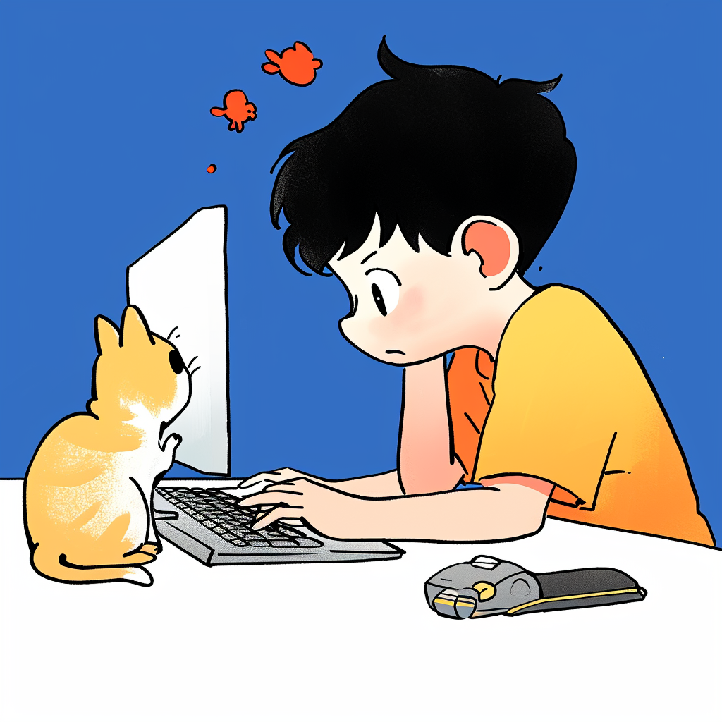 可爱男孩与猫咪电脑的趣味画面