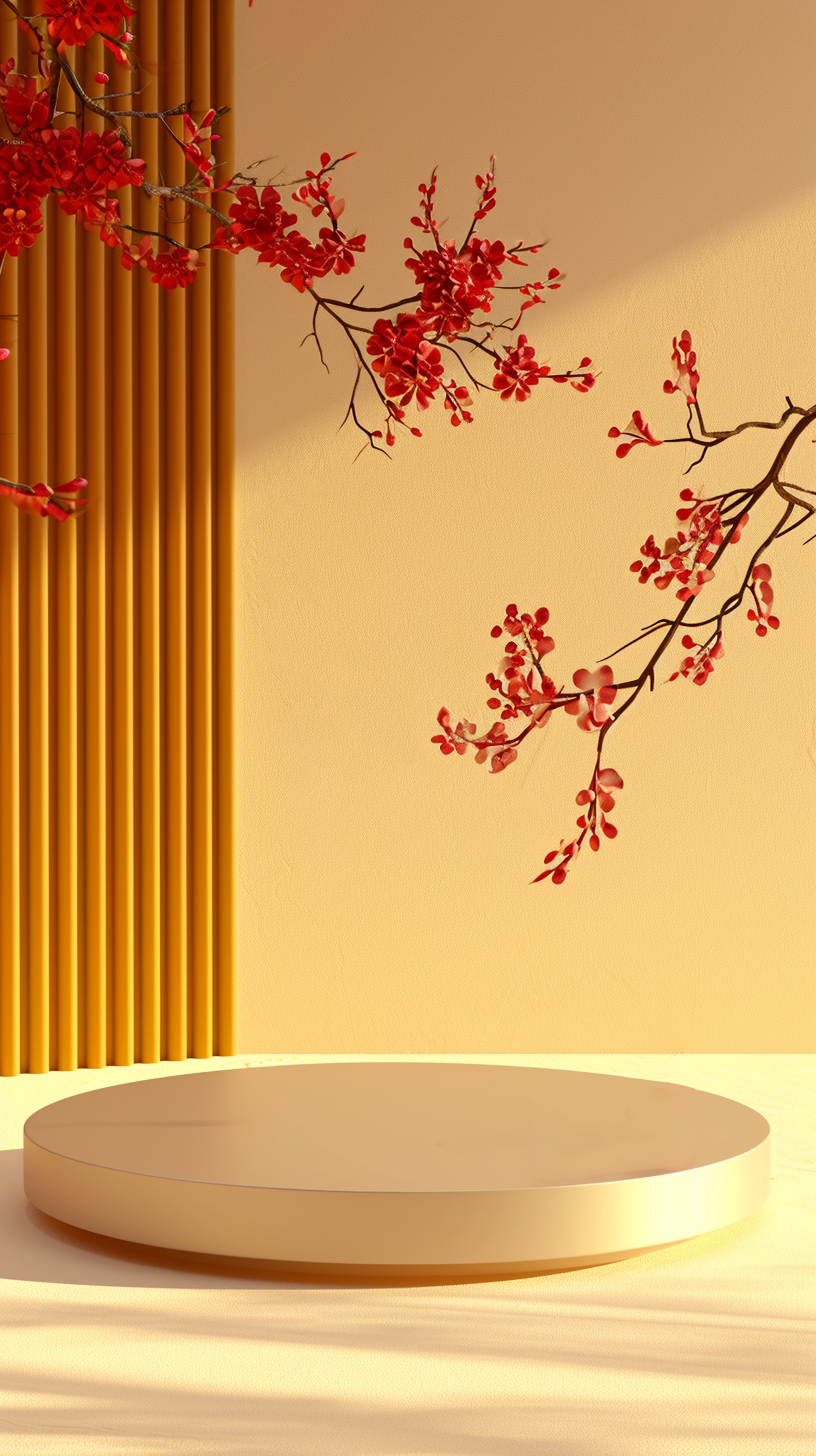 喜庆红梅装点 简约圆形展示台中国风