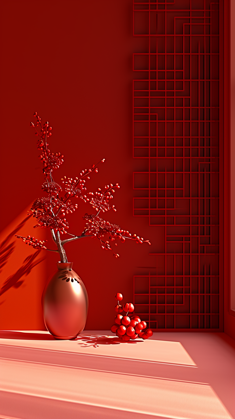 红色系中式花瓶与果实组合的喜庆新年图