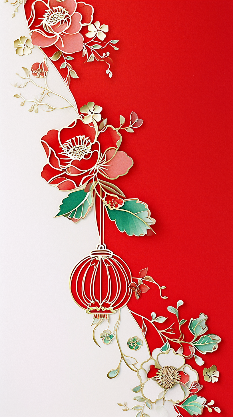 精美剪纸风灯笼花卉图手机壁纸喜庆