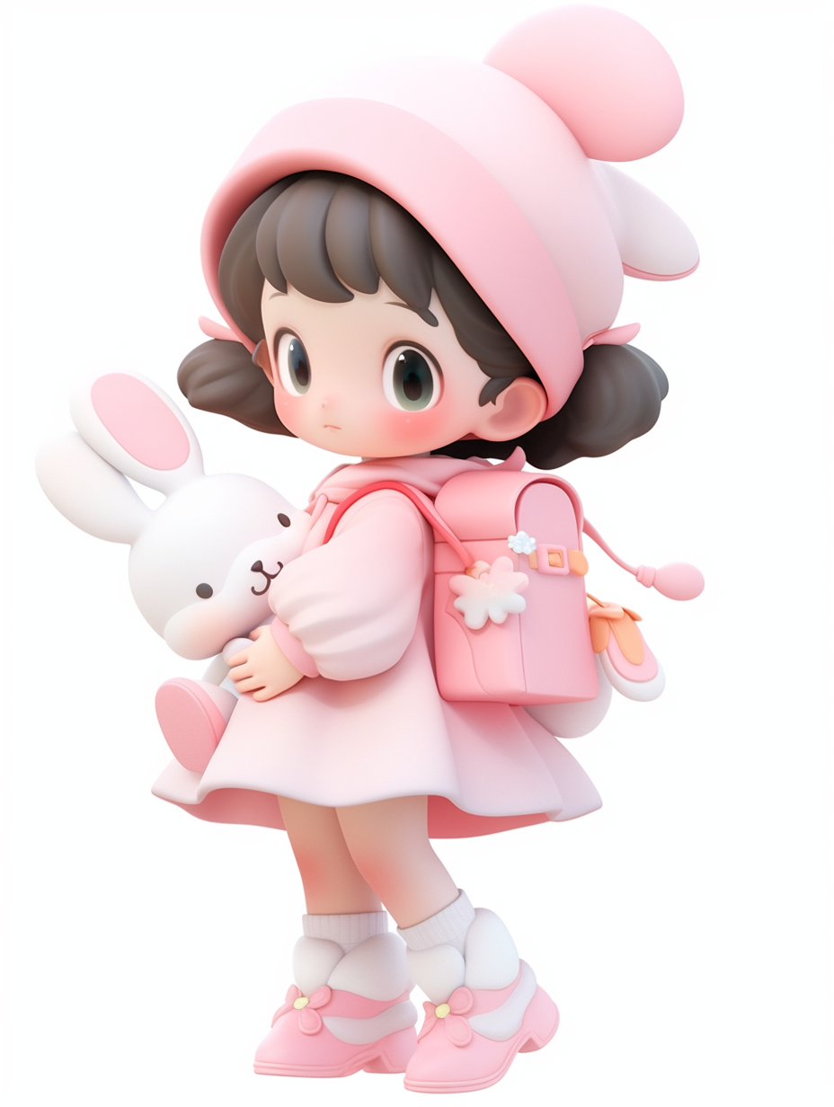 可爱3D女孩抱着白兔形象的儿童服饰箱包图