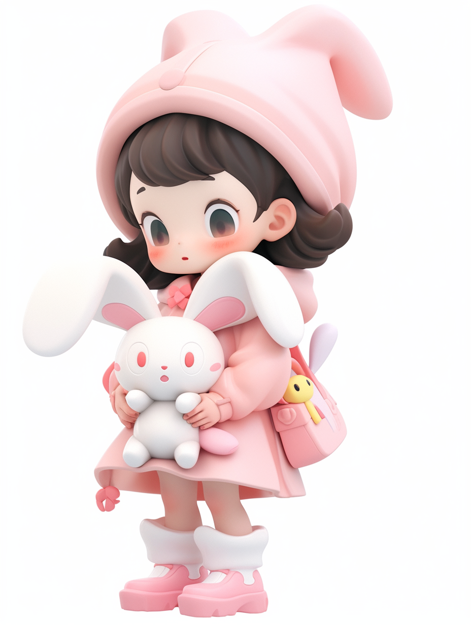 可爱女孩抱白兔玩偶形象的3D宣传图