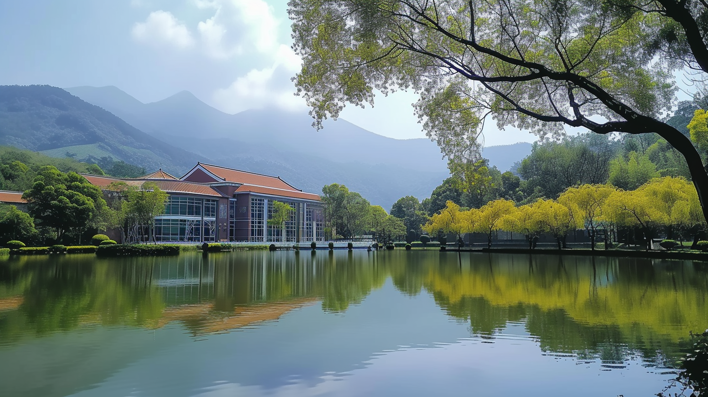 湖泊边的美丽校园环境壁纸素材